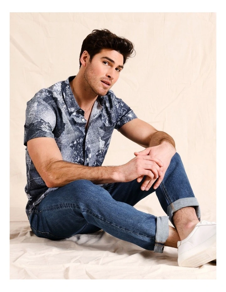 Lanai Patchwork Print Short Sleeve Shirt in Blue