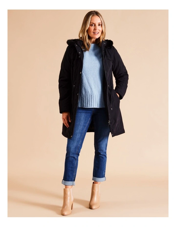 Longline Soft Fur Trim Jacket In Black
