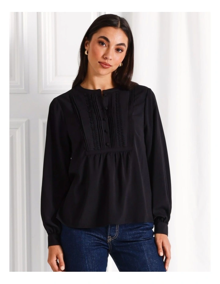 Crepe Pintuck Button Down Blouse in Black