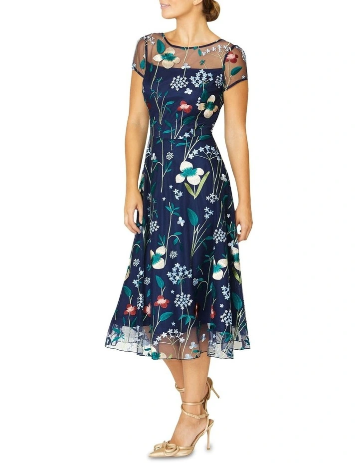 Leila Floral A-Line Dress in Navy