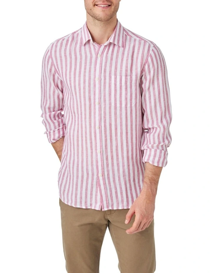 Sicily Long Sleeves Linen Stripe Shirt in Red