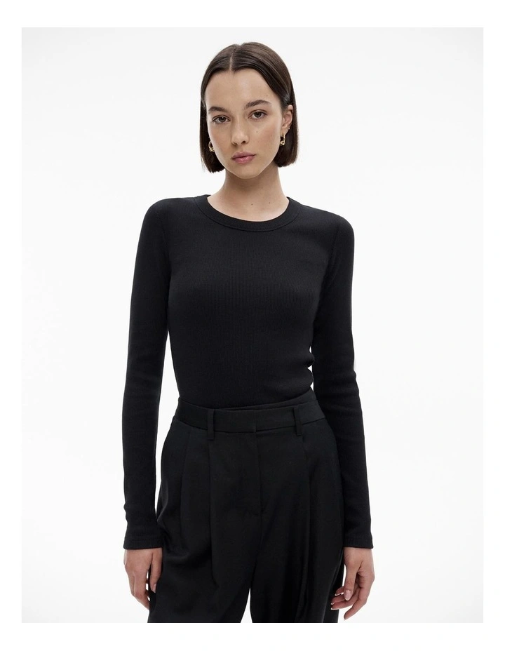 Cotton Long Sleeve Rib Top in Black