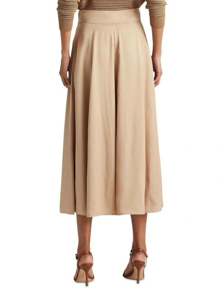 Buckle-Trim Twill A-Line Skirt in Beige