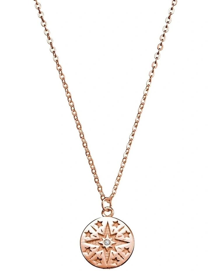 Sterling Silver Disc with Stars Necklace in Rose Gold