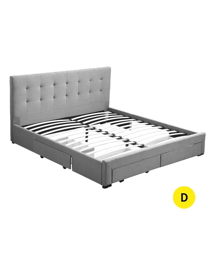 Double Bed Frame Tufted 4 Storage Drawers with Castors in Grey