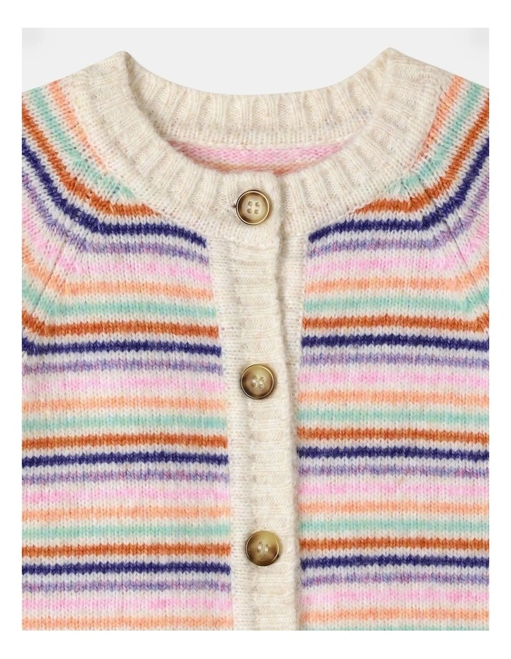 Rainbow Stripe Knit Cardigan in Oat Marle