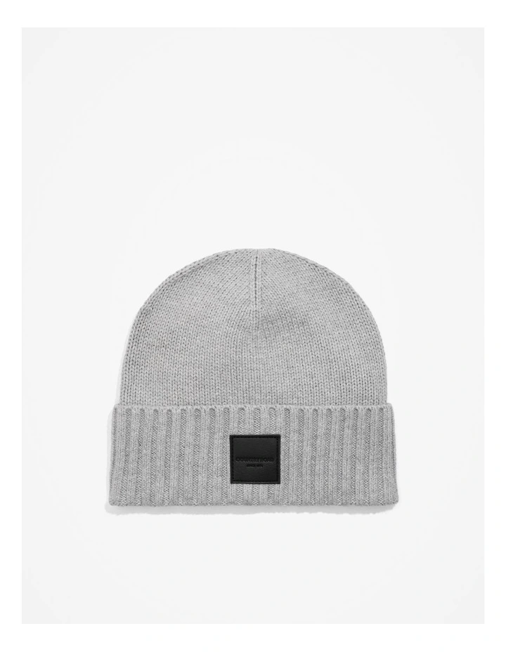 Organically Grown Cotton Blend Patch Logo Beanie in Light Grey Marle