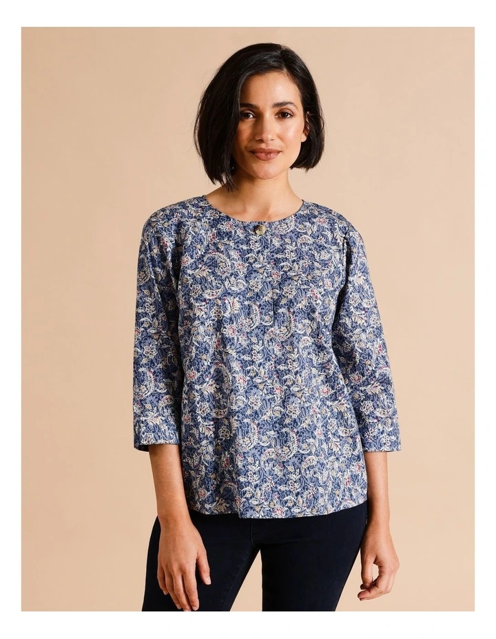 Organic Cotton 3/4 Sleeve Swing Top Button Neck in Blue Paisley Print