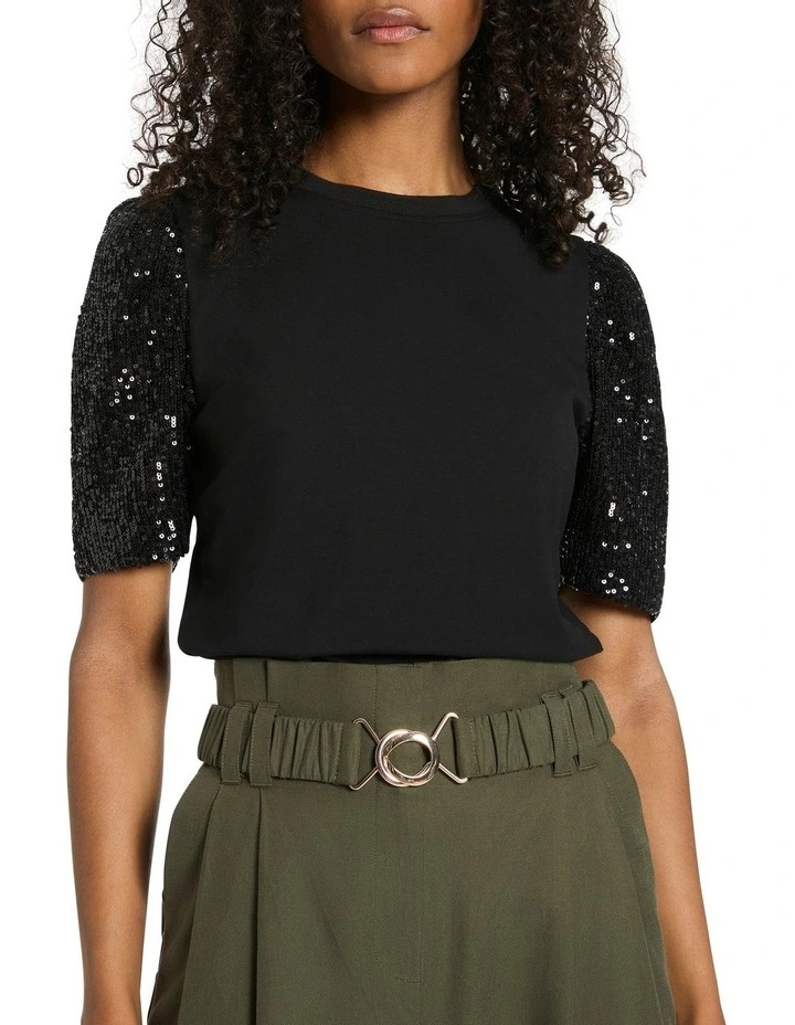 Sequin Sleeve Tee in Black