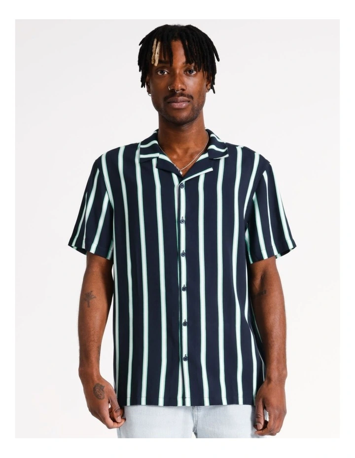 Sonic Stripe Print Short Sleeve Rayon Shirt in Navy