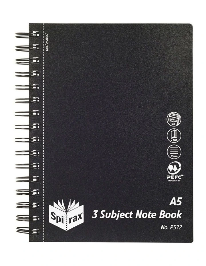 Black Cover A5 3 Subject 300 Pages Notebook Office/School Stationery BLK