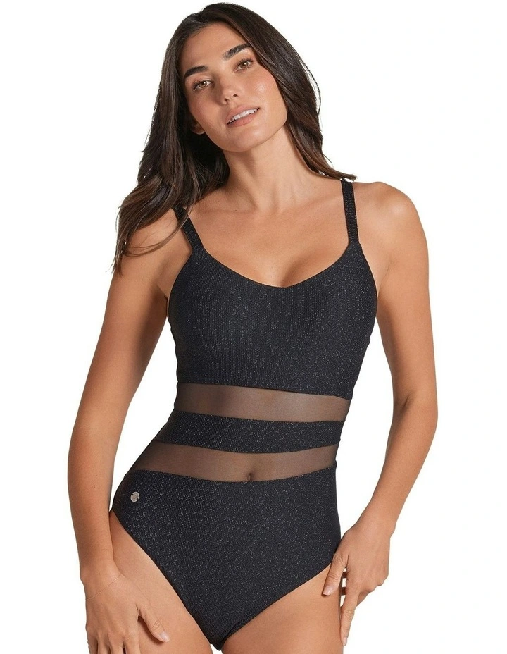 Glittery Tummy Shaping One-Piece Swimsuit With Mesh Stripes in Black