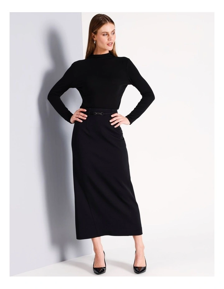 Recycled Polyester Blend Structured Column Skirt in Black