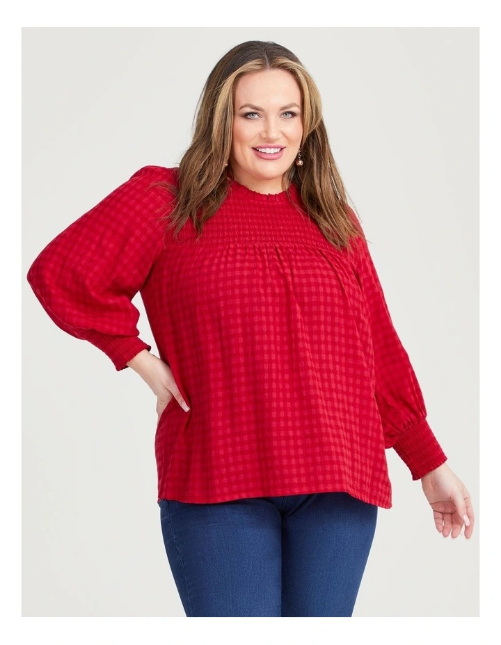 Cotton Mix Shirred Gingham Top in Persian Red