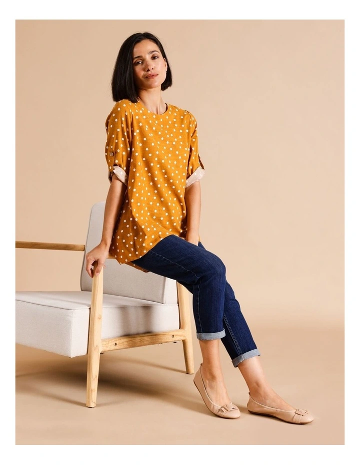 Sustainable Viscose Blend Rolled Sleeve Top With Tab And Curved Hem