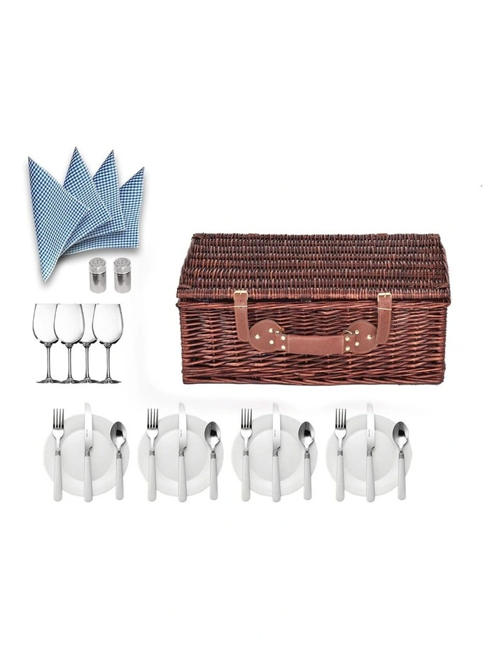 4 Person Outdoor Deluxe Willow Storage Carry Picnic Basket Set in Brown