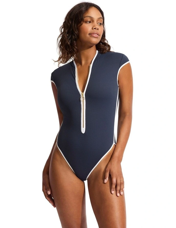 Beach Bound Cap Sleeve Zip Front One Piece in True Navy