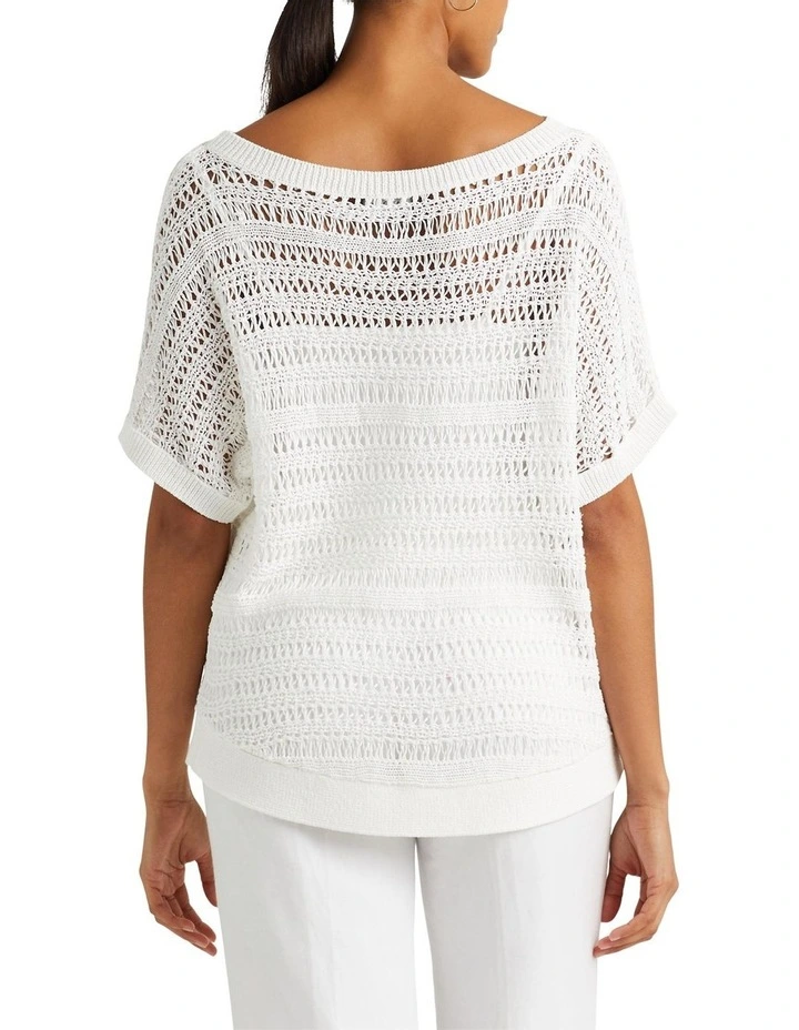 Cotton Mesh Short-Sleeve Sweater in White
