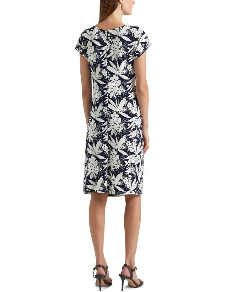 Floral Twist-Front Jersey Dress in Navy