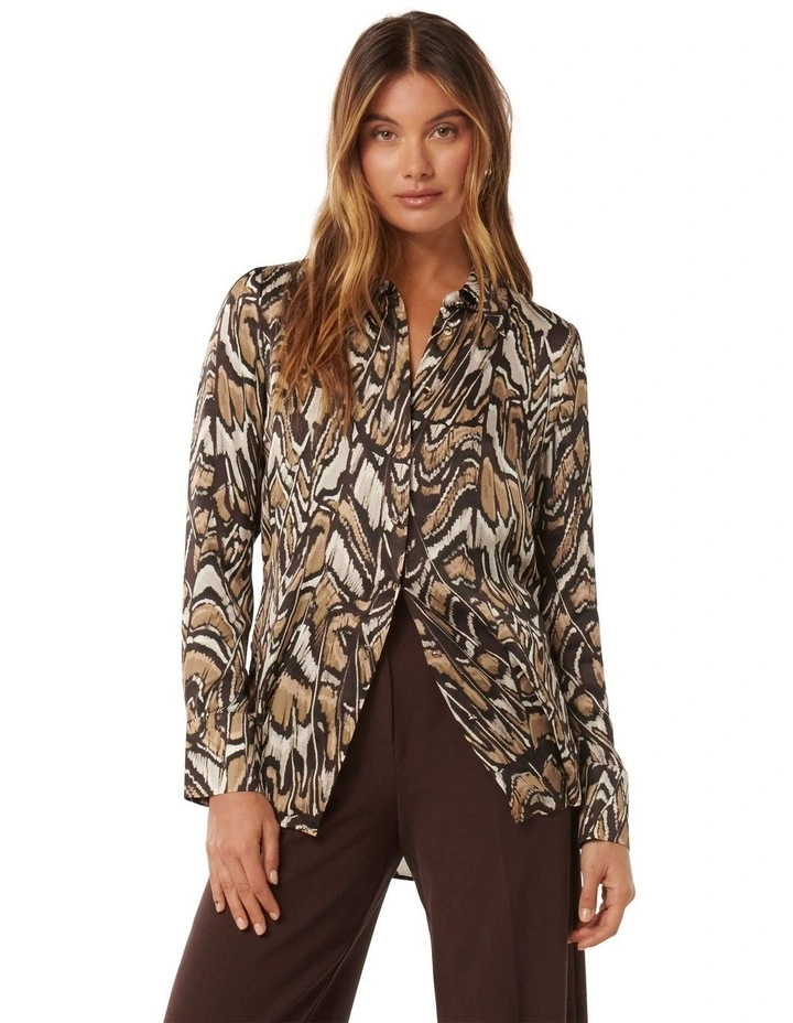 Lila Longline Printed Satin Shirt in Brown