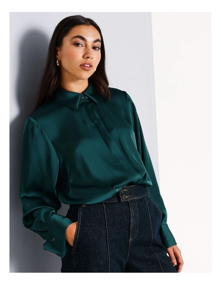 Recycled Polyester Satin Turn Back Cuff Shirt in Dark Green