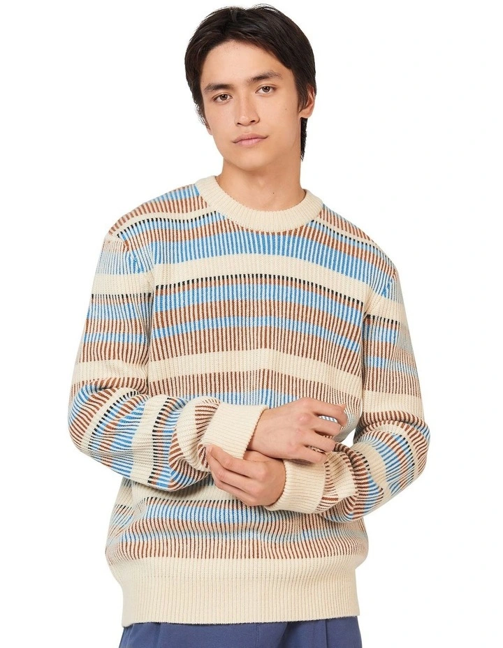 Half Stripe Knit Cardigan in Ivory