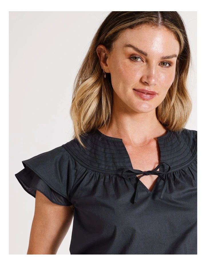 Organic Frill Sleeve Yoke Detail Top in Charcoal