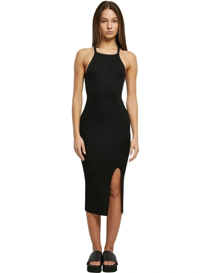 Midi Rib Knit Crossed Back Dress in Black