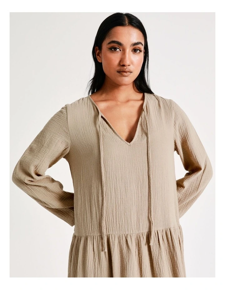 Natalie Long Sleeve Cotton Dress in Silver Mink