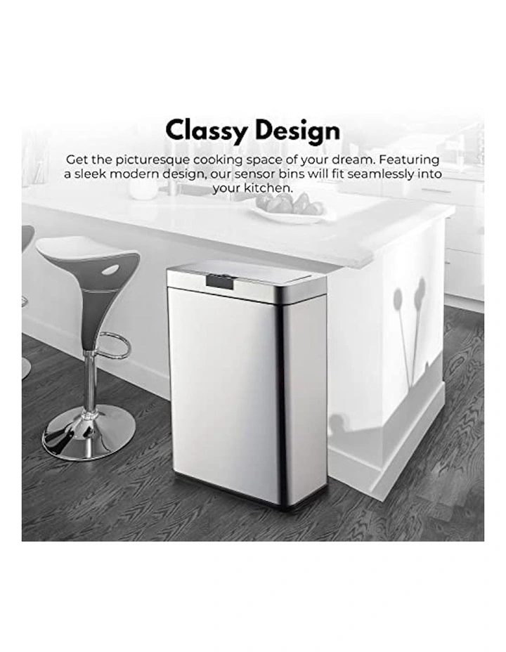 Motion Sensor Rubbish Bin 50L Square in Silver