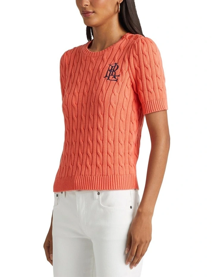 Cable Knit Cotton Short Sleeve Sweater in Orange