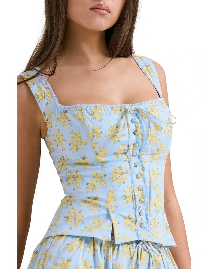 Juana Cotton Top in Soft Blue Vintage Floral Print