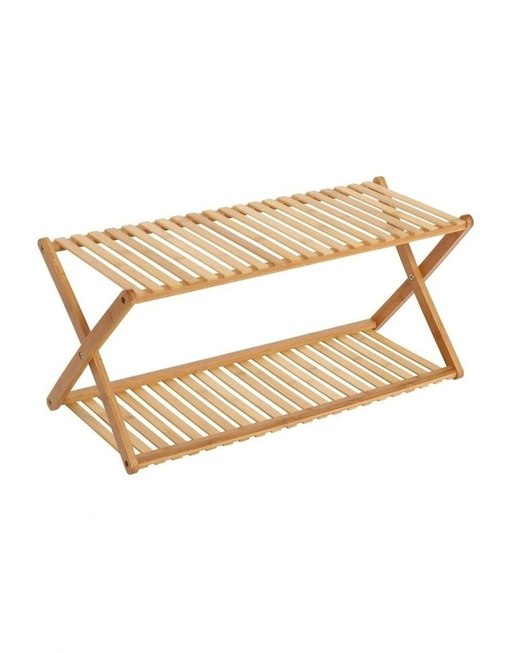 2-Tier Portable Natural Bamboo Shoe Rack 70x27.5x32cm in Brown