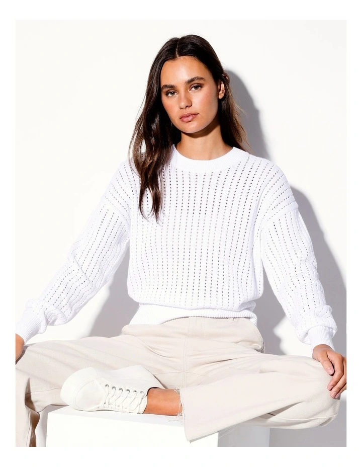 Organic Crochet Crew Neck Jumper in White