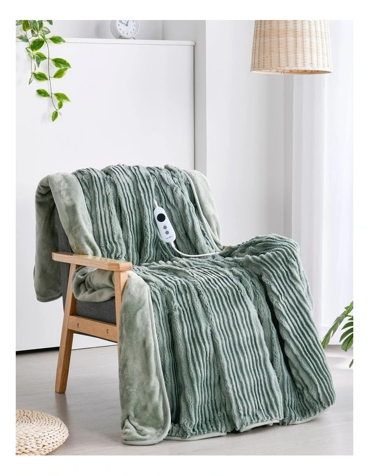 Eyelash Fleece Reversible Heated Throw in Faded Green & Sage