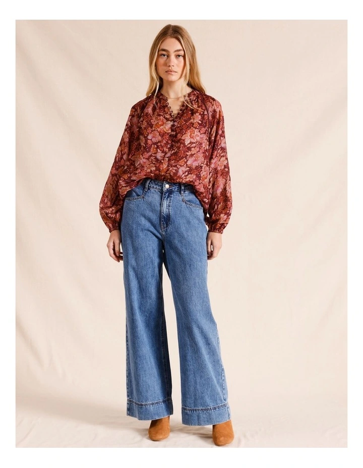 Ramie High Neck Button Blouse in Red