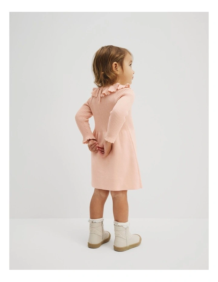Frill Neck Knit Dress in Antique Pink