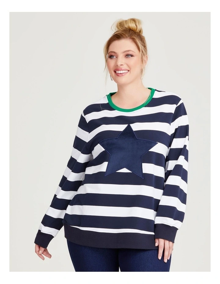 Cotton Stripe Star Sweatshirt in Navy