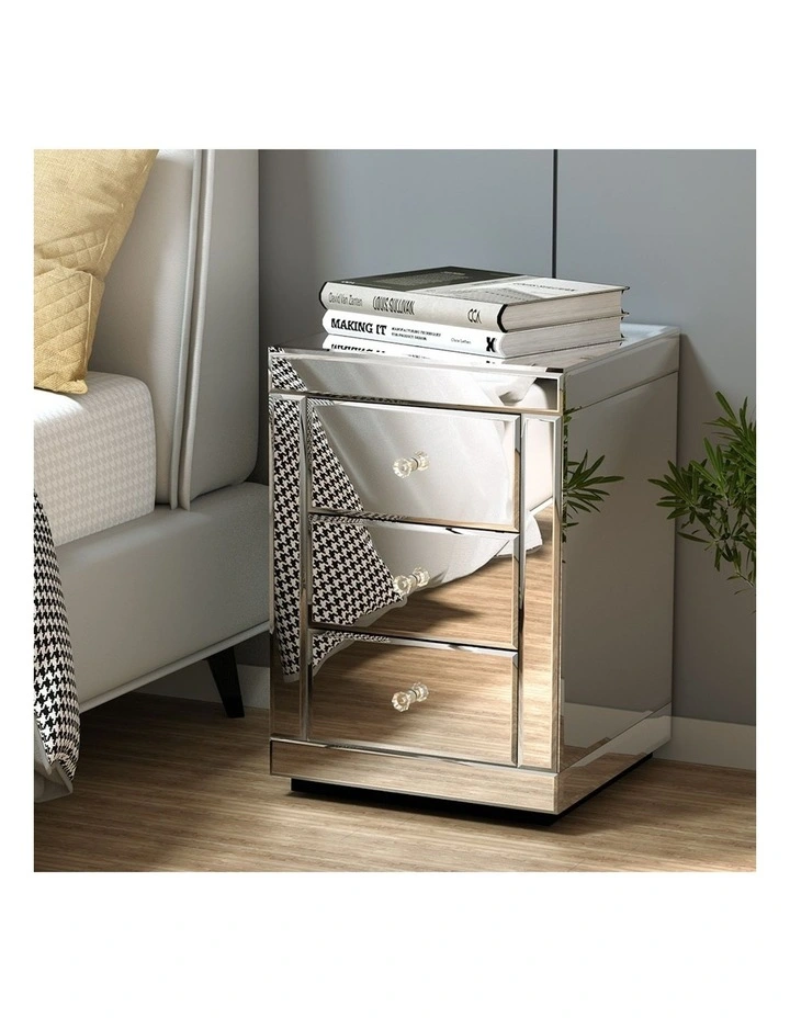 Presia Mirrored 3 Drawers Bedside Table x2 in Silver