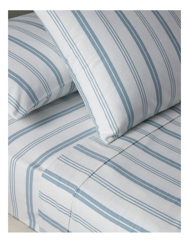 Printed Cotton Flannelette Sheet Set in Blue Stripe