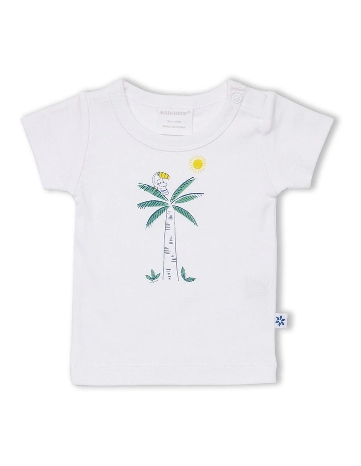 Palm Tree T-shirt And Nappy Pant Set in White/Grey Marle