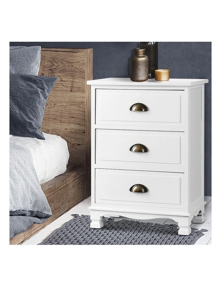 Thyme Vintage Bedside Table 3 Drawers in White