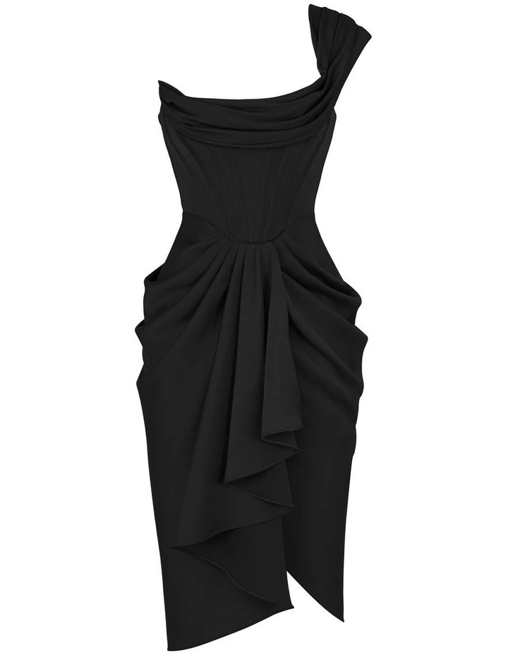 Janis Satin Corset Midi Dress in Black