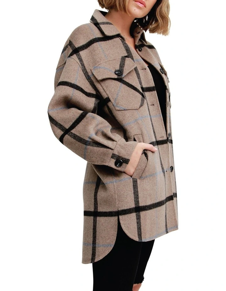River's Edge Plaid Shacket in Oatmeal Brown