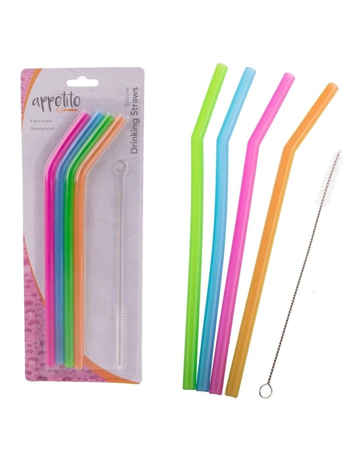 Silicone Bent Drinking Straws Set Of 4 With Brush