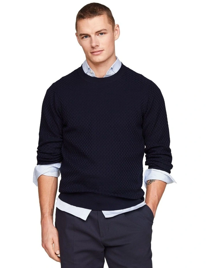 Dressed Casual Check Crew Neck Knit in Navy