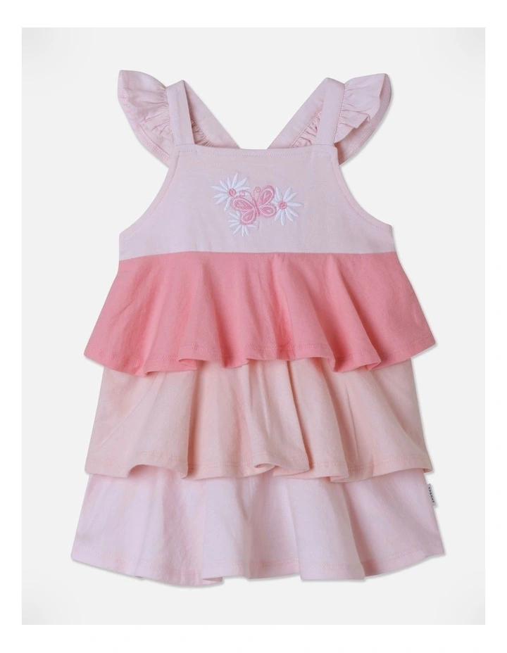 Tiered Embroidery Jersey Dress in Light Pink