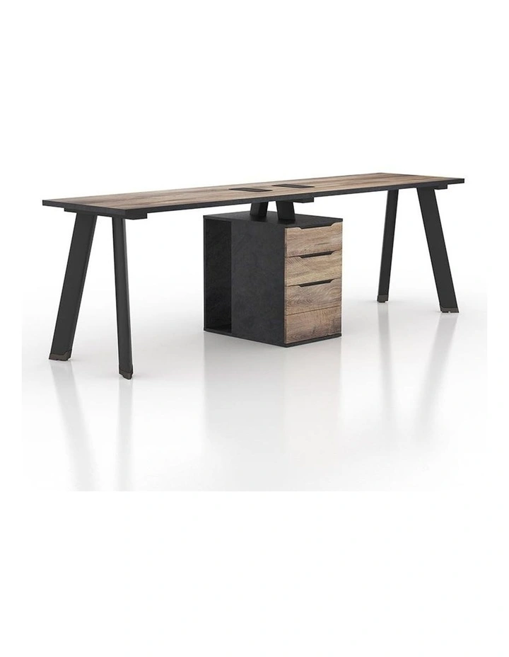 Arto 2 People Workstation Desk 1 Cabinet 2.4M Mahogany Black