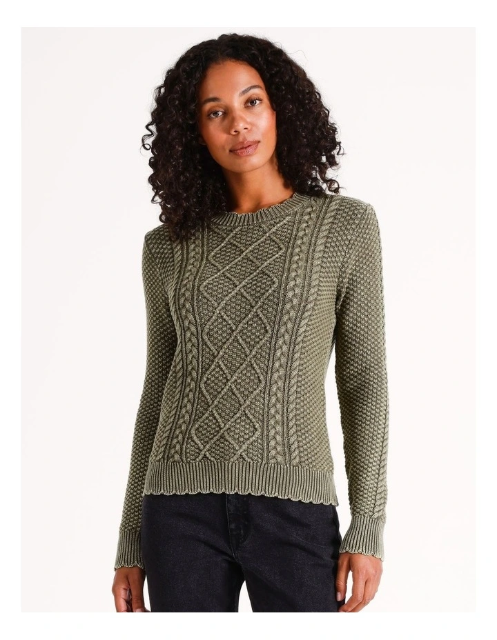 Washed Cable Knit Jumper in Khaki