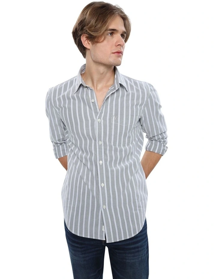 Striped Oxford Button-Up Shirt in Green Olive
